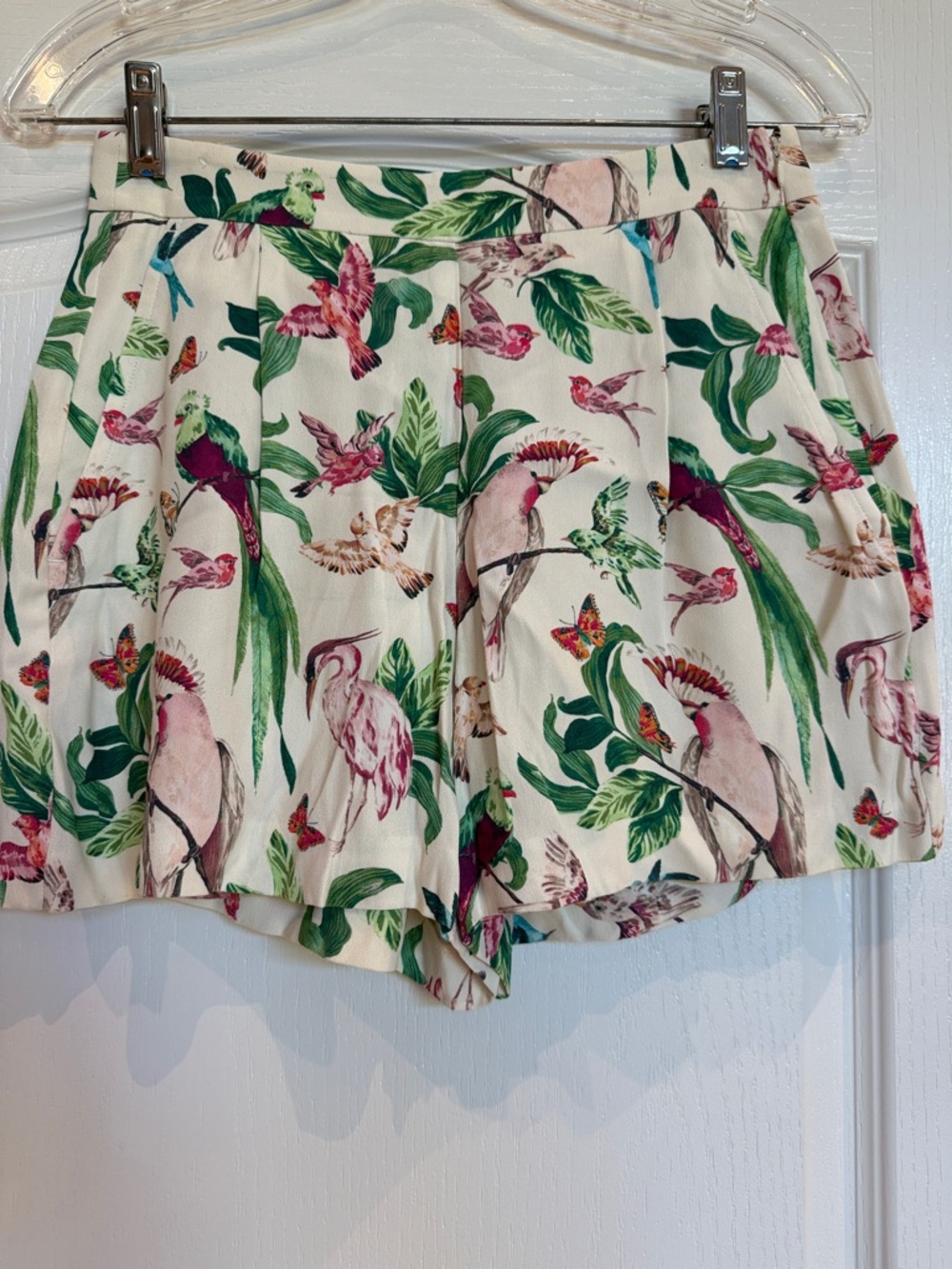 Ann Taylor Tropical Bird Print High Waist Shorts - Cream with Green & Pink